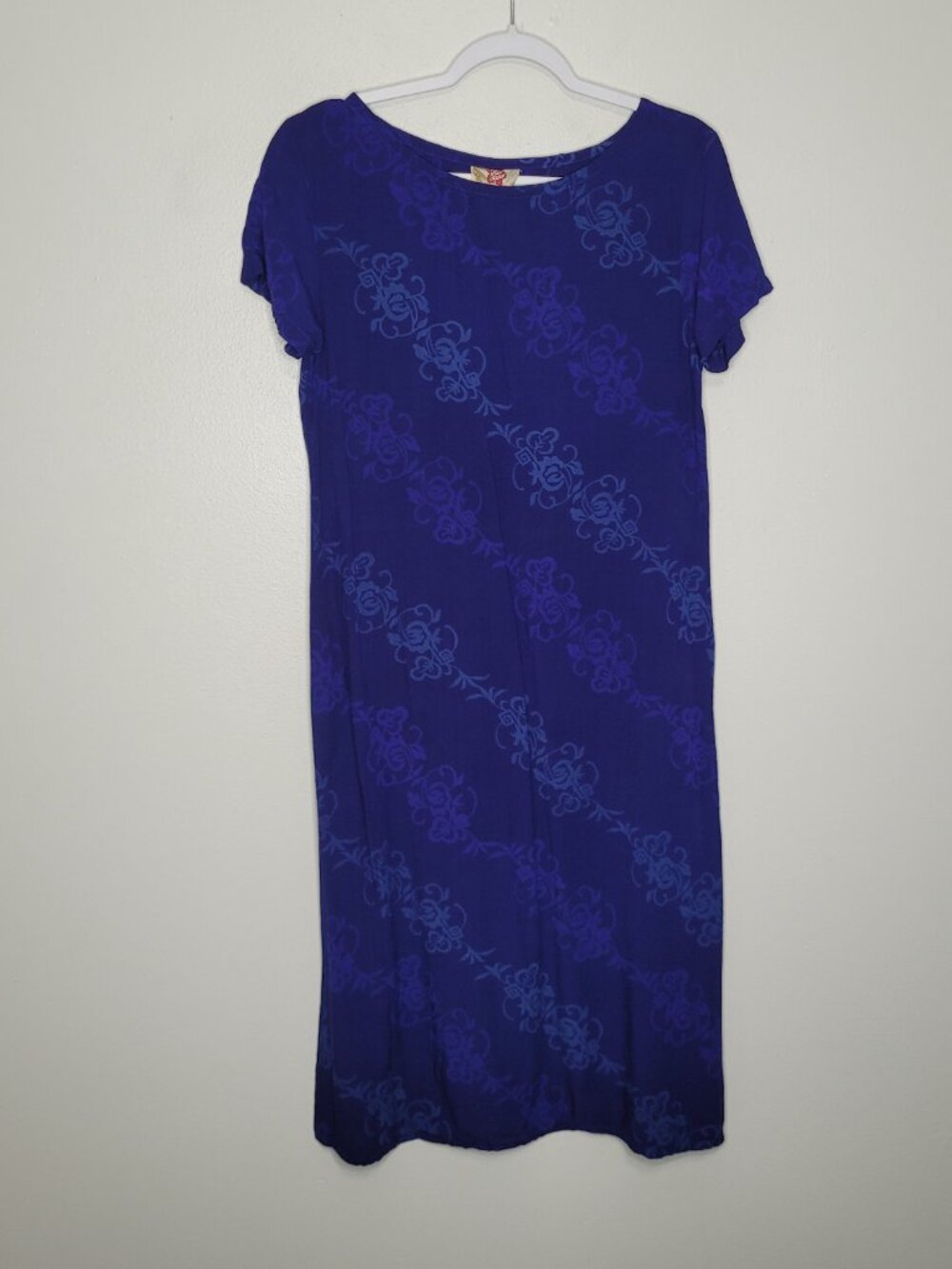 Hilo Hattie blue tropical flower print midi short sleeve vacation dress size M